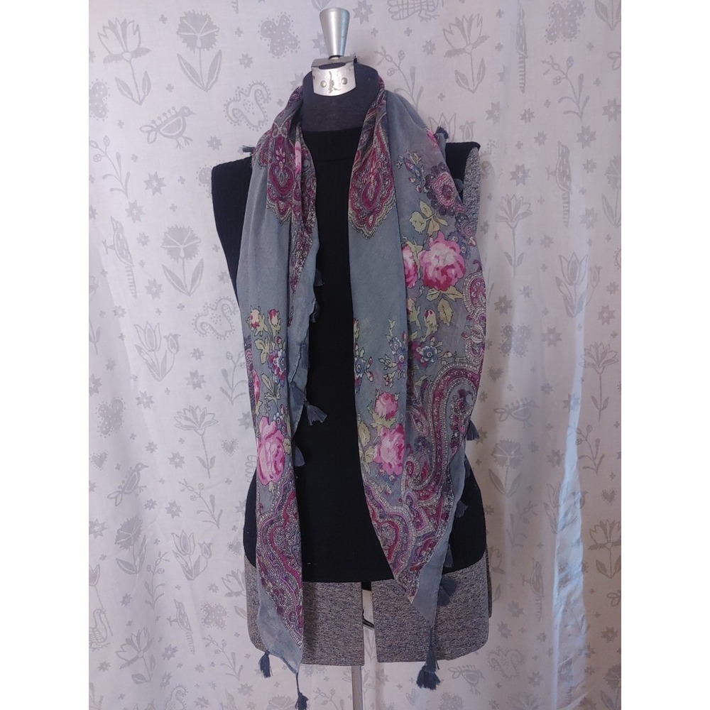 Floral Grey Pink Roses Sheer Shawl Scarf w/ Tassle Square Warm Season Scarf - Picture 3 of 3